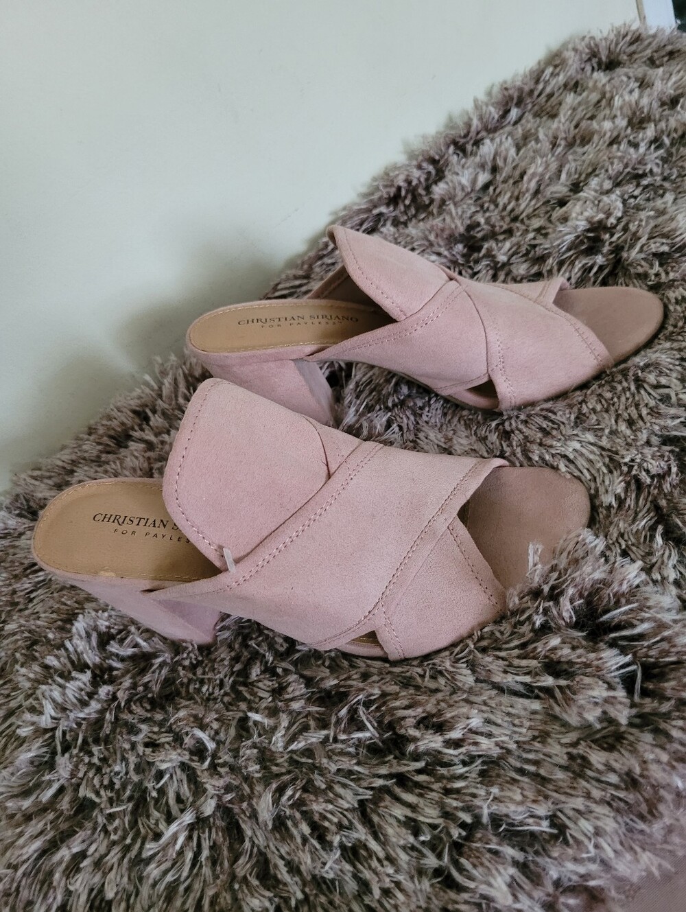 Christian Siriano Pale Pink Suede Crisscross Slide Mules